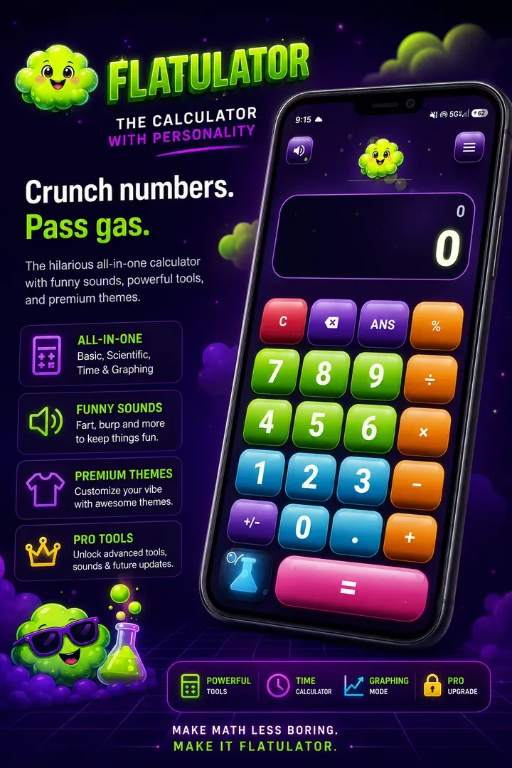 Flatulator basic calculator screen with colorful glossy buttons