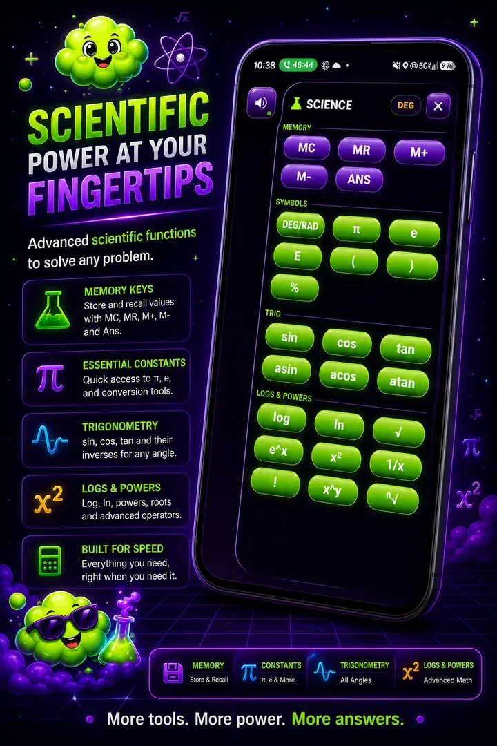 Flatulator scientific calculator screen with advanced calculator buttons