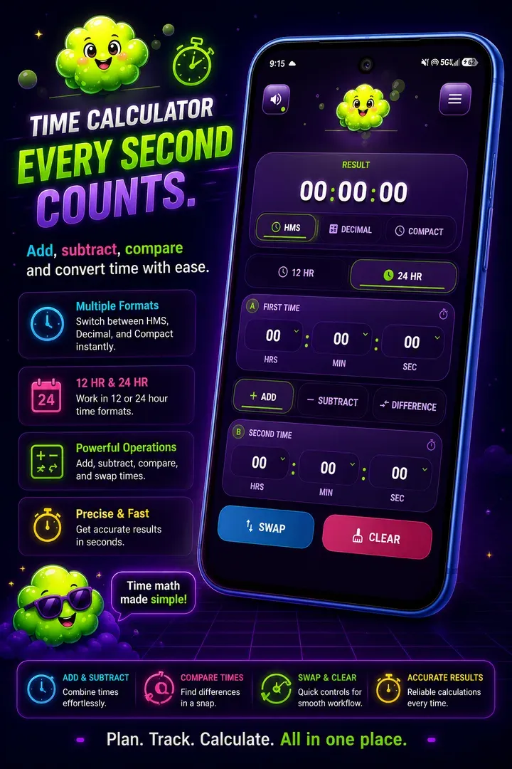 Flatulator time calculator screen for duration math